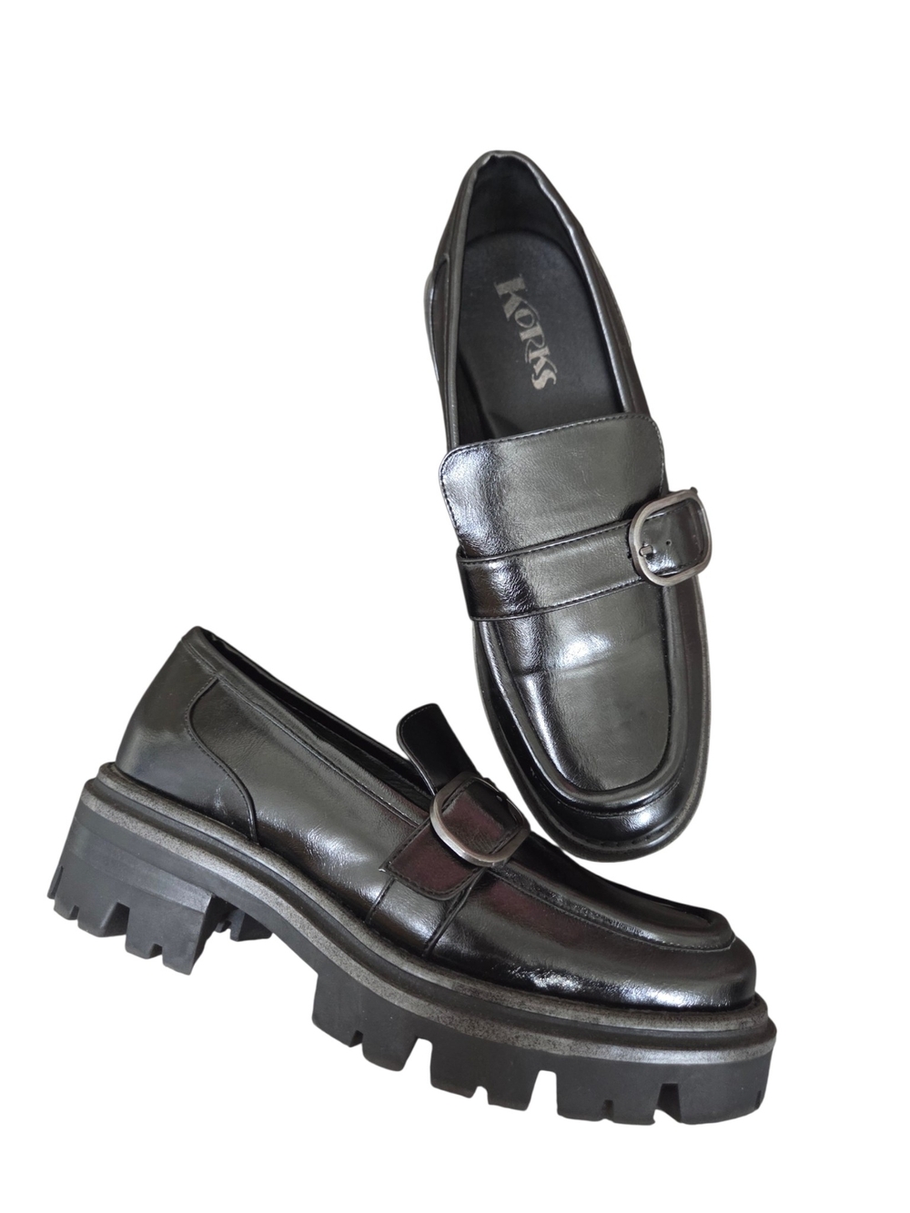KORKS Black Chunky Platform Lug Sole Buckle Loafers 8.5